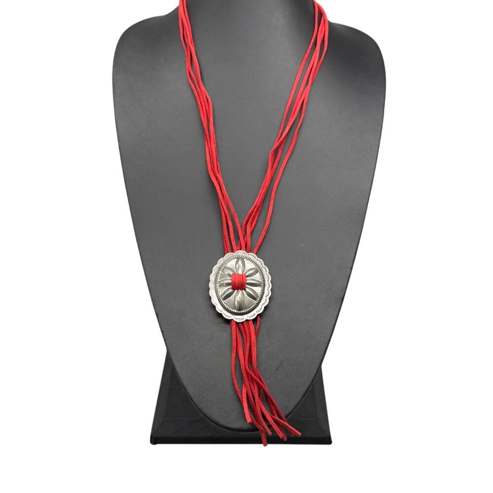 West & Co Etched Line Slider Red Faux Suede Layered Necklace Boho Rodeo